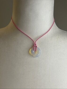 Pink Cord Choker with Iridescent Milky Quartz Donut 1” Pendant Necklace New